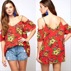Red Floral Print Cold Shoulder Top